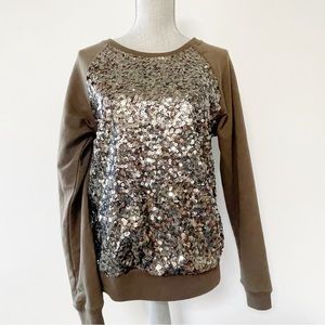 Forever 21 khaki green sweatshirt silver sequin front